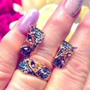 Rose Gold Ring 10 & Earrings, Amethyst leaves & Teal Zircon